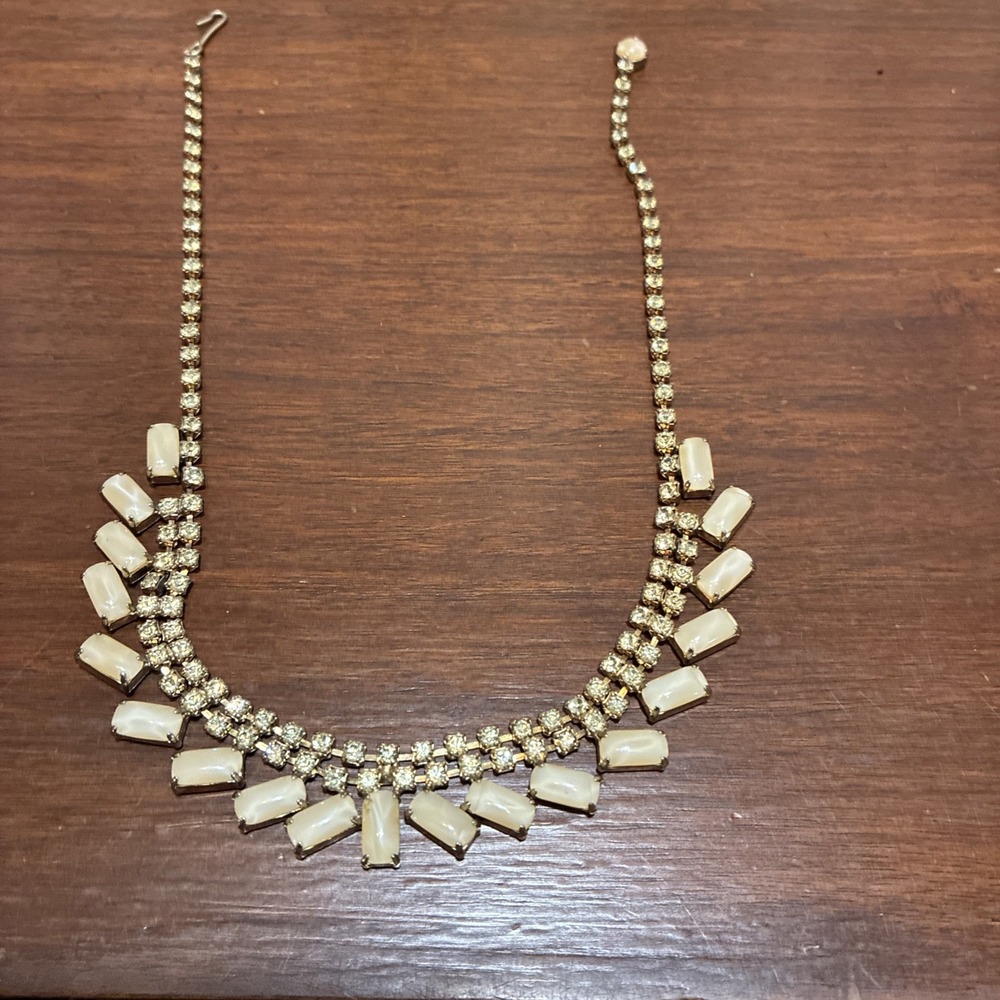 MCM 1950's Aurora Borealis Rhinestones & Milk Glass 16" Necklace